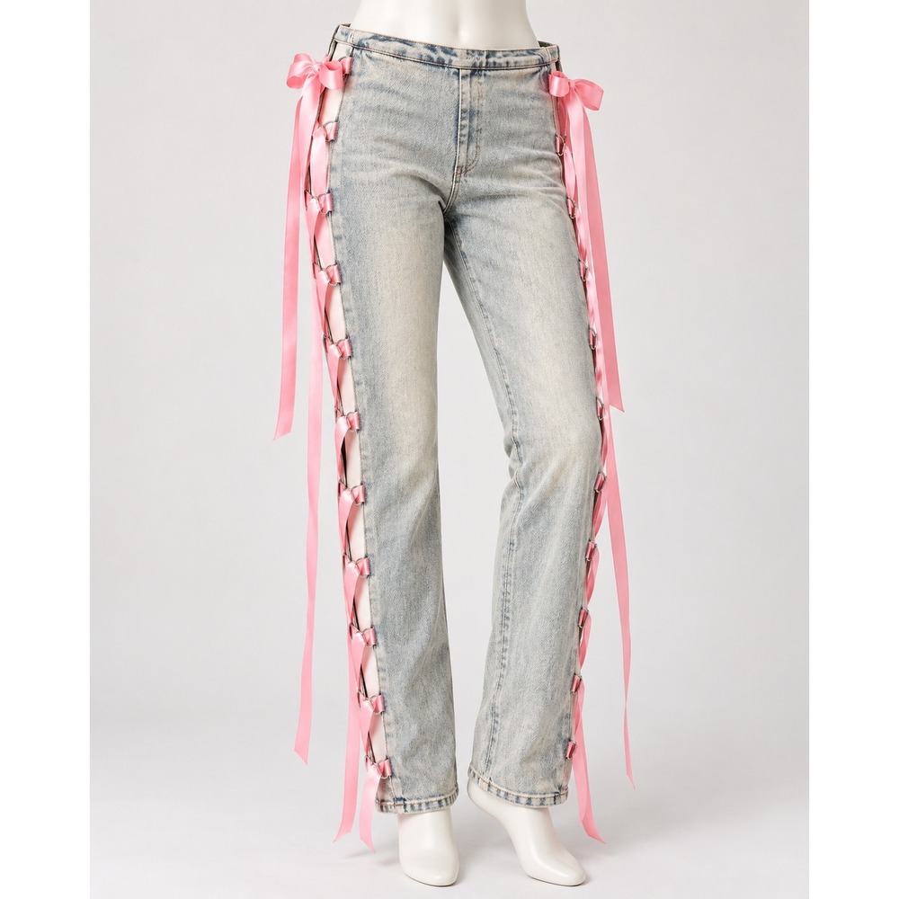 BBJ Los Angeles Pink Ribbon Lace Up Low Rise Bootcut Jeans Light Wash 11/30 NWT